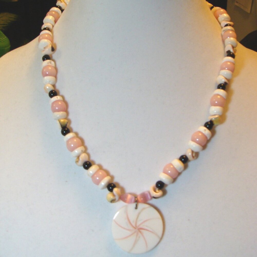 Custom Jewelry, Round White/Pink Spiral Shell Pendant, Black, Pink, White Shells
